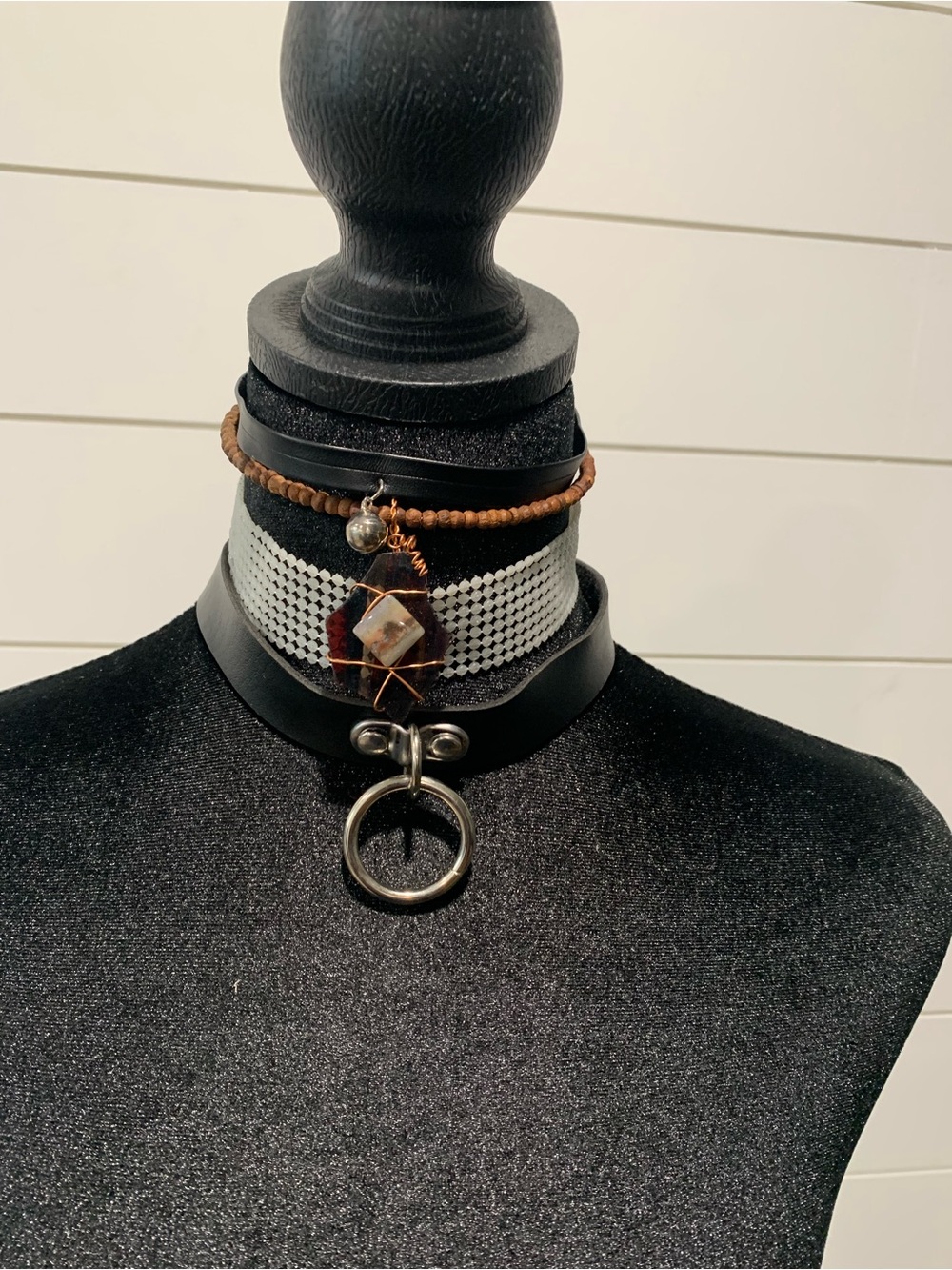 Handcrafted Brown Bead and Leather Choker Necklace and 3 separate chokers.